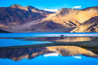Pangong Tso con el reflejo invertido de las montañas y el cielo azul despejado sobre las tranquilas aguas del lago en Leh Ladakh. El lago se encuentra en la frontera entre China e India © Chris Piason