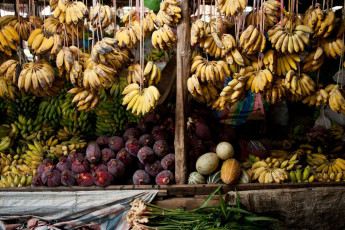 Mercado de frutas con el plátano, melón, sandía y otros, mercado tradicional en Kerala - Imagen de Mensaje Firma