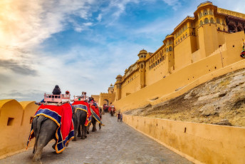 Elefantes decorados en el Amer Fort Jaipur con un precioso cielo azul © Roop_Dey / Shutterstock