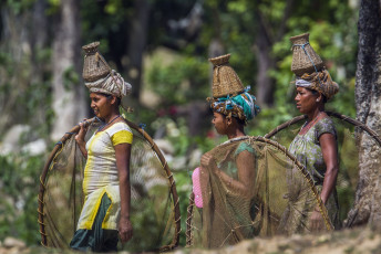 Mujer de etnia tharu con ropa tradicional para pescar con red de pesca manual y pequeña canasta sobre su cabeza. Bardia, Nepal © PACO COMO / Shutterstock