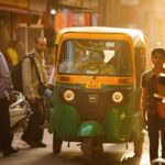Un taxi tuk tuk comparte una calle angosta
